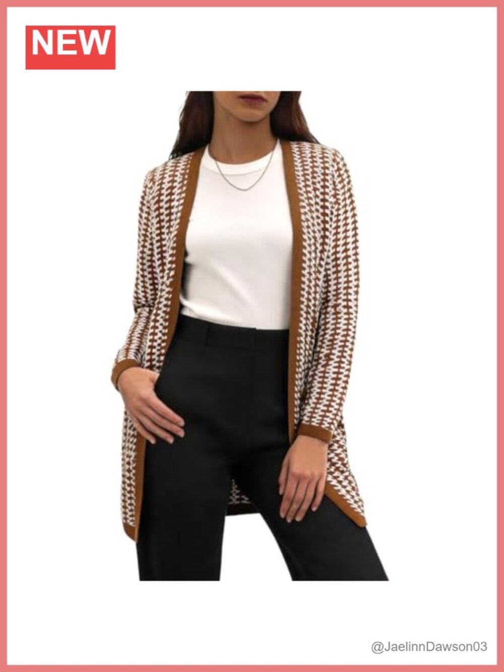 Open Front Houndstooth Knit Cardigan Longline Zip Sweater